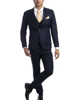 3 piece Navy Blue Slim Fit Men's Suit with Vest Set