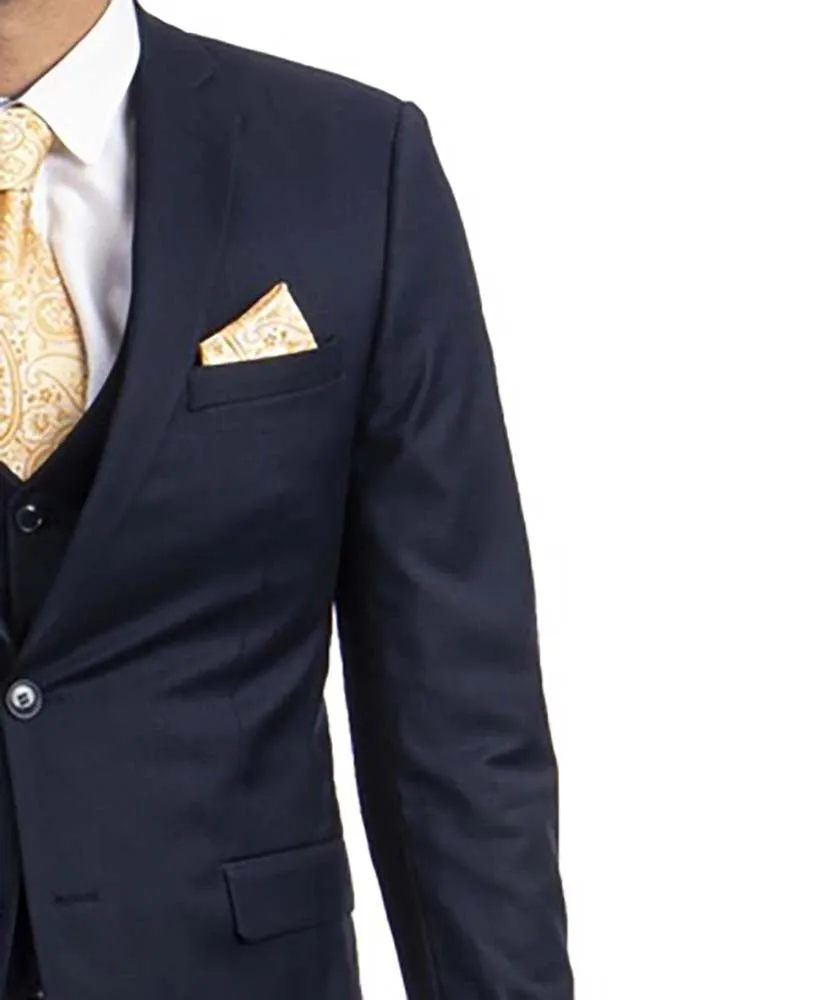 3 piece Navy Blue Slim Fit Men's Suit with Vest Set