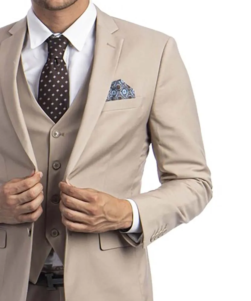 3 piece Tan Slim Fit Men's Suit with Vest Set