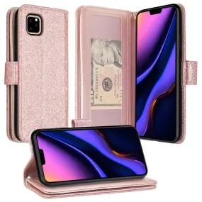 Apple iPhone 12 Case, iPhone 12 Case, Glitter Faux Leather Flip Credit Card Holder Wrist Strap Shockproof Protective Wallet Case Clutch for iPhone 12 - Rose Gold