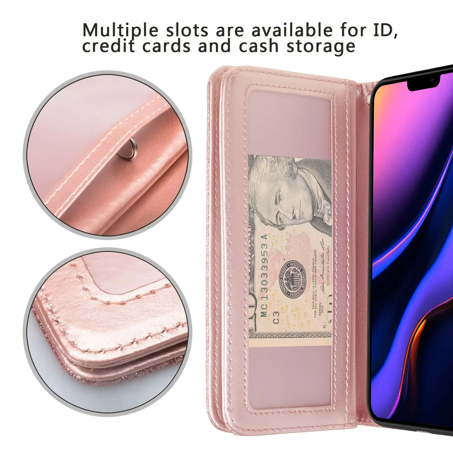 Apple iPhone 12 Pro Case, iPhone 12 Pro Case, Glitter Faux Leather Flip Credit Card Holder Wrist Strap Shockproof Protective Wallet Case Clutch for iPhone 12 Pro - Rose Gold