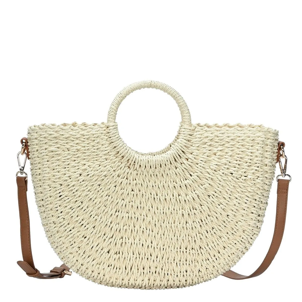 BGT85210 Half Moon Circle Handled Straw Handbag w/ Crossbody Strap