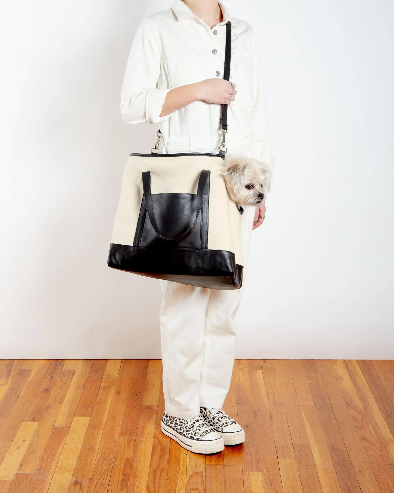 Black Leather & Natural Canvas Luxe Dog Carrier (Made in Mexico)(Dog & Co. Exclusive) (FINAL SALE)