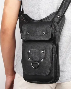 Black Leather Men's Sling Bag Shoulder Bag Chest Bag One Shoulder Backpack For Men