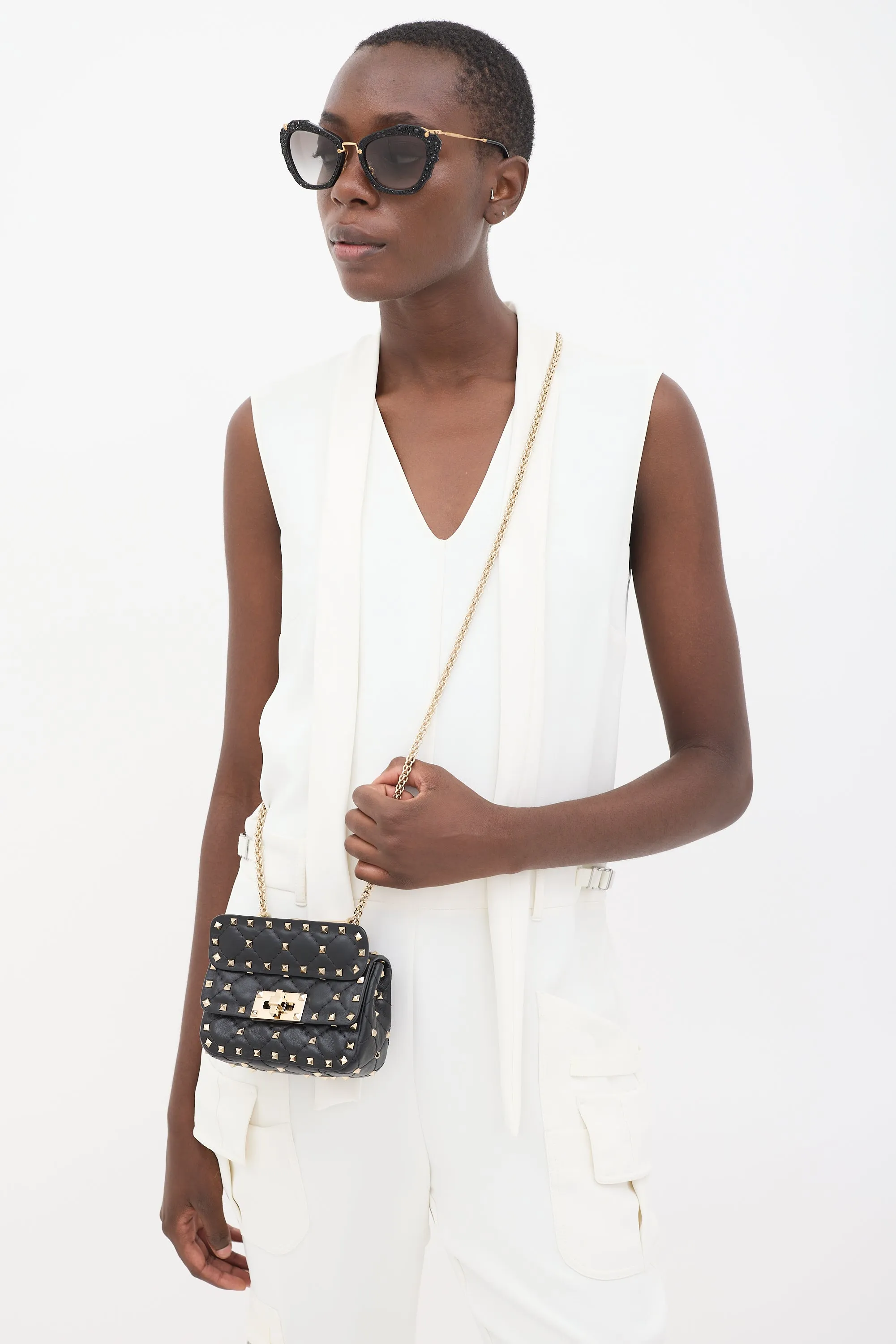 Black Quilted Leather Rockstud Micro Crossbody Bag