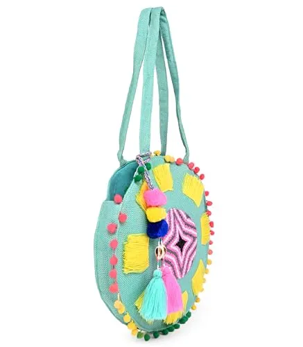 Boho Girl Multicolor Cotton Chateau Rose Beaded Round Tote | Boho Beach Handbags For Women and Girls