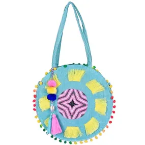 Boho Girl Multicolor Cotton Chateau Rose Beaded Round Tote | Boho Beach Handbags For Women and Girls