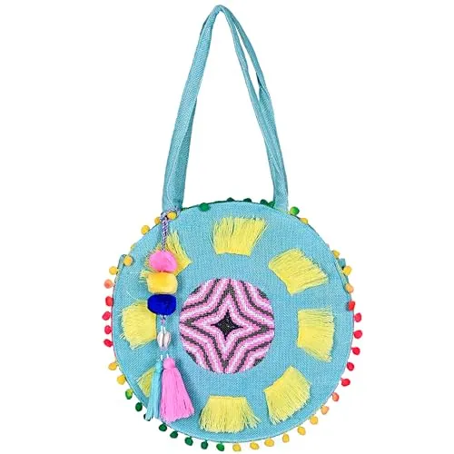 Boho Girl Multicolor Cotton Chateau Rose Beaded Round Tote | Boho Beach Handbags For Women and Girls