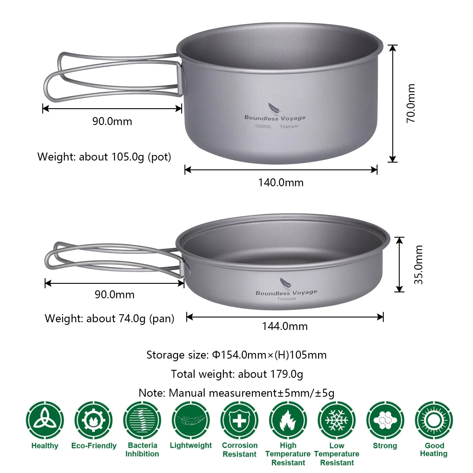 Boundless Voyage Outdoor Titanium Pot Pan Set 500ml 1000ml with Lid Folding Handle Camping Hiking Picnic Ultralight Cookware