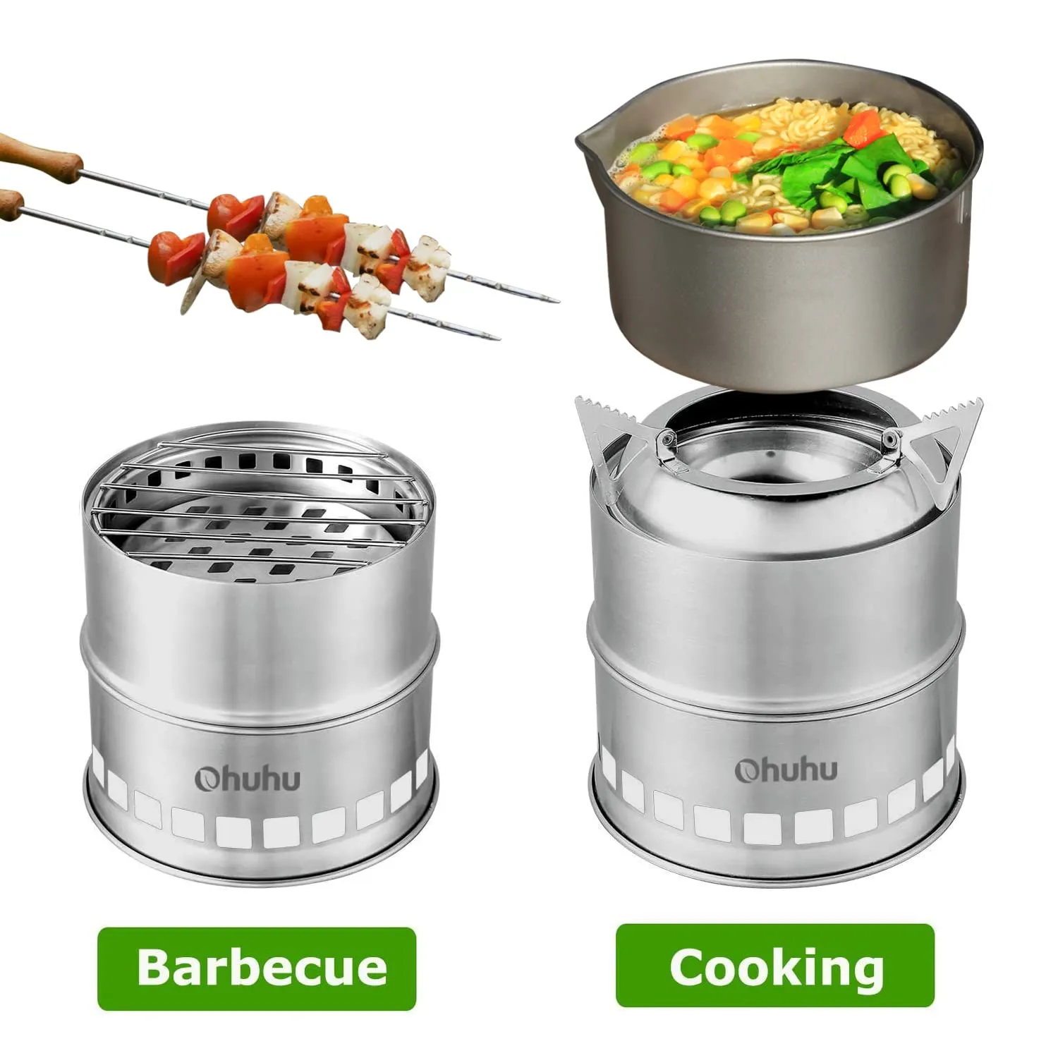 Camp Stove, Ohuhu Camping Stove Wood Burning Stove Stainless Steel Mini Portable Backpacking Survival Stoves for Picnic BBQ Camping Hiking Cooking Emergency with Grill Grid Carry Bag