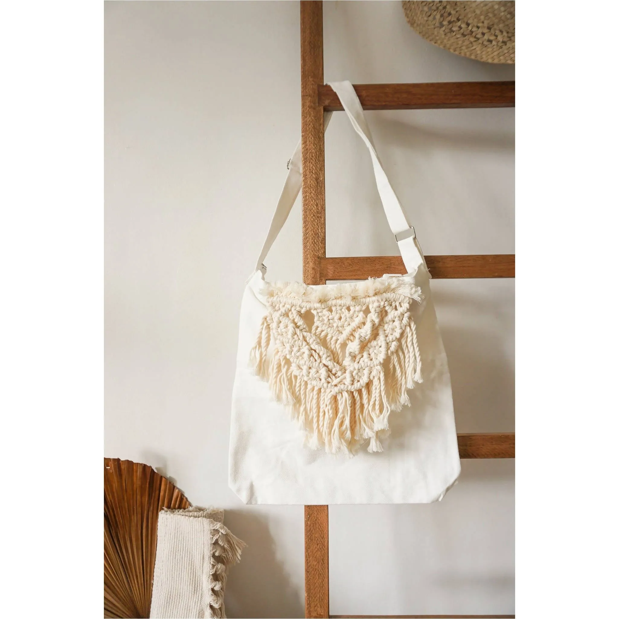 Canvas Bag Embellished with Macrame Design