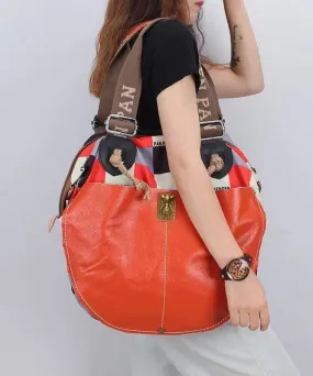 Casual High-Capacity Cowhide Patchwork Canvas Satchel Bag Handbag ZX1037