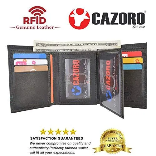 Cazoro Extra Capacity Trifold 2 ID Window Wallet for Men RFID Blocking Genuine Leather Wallet RFID611294