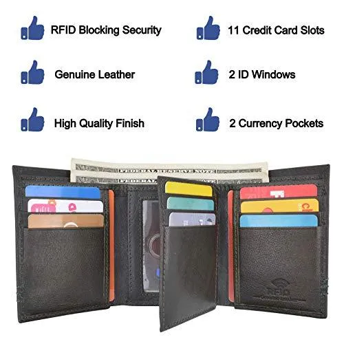 Cazoro Extra Capacity Trifold 2 ID Window Wallet for Men RFID Blocking Genuine Leather Wallet RFID611294