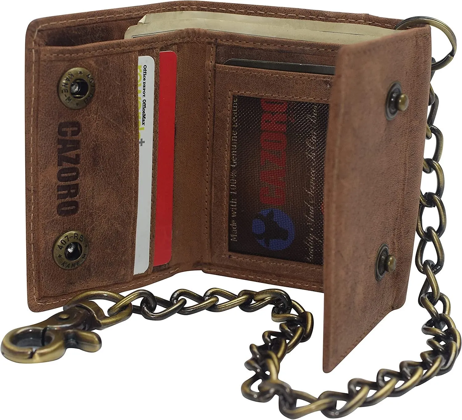 CAZORO Men's RFID Blocking Trifold Vintage Leather Biker Chain Wallet With Snap Closure (Dark Beige)