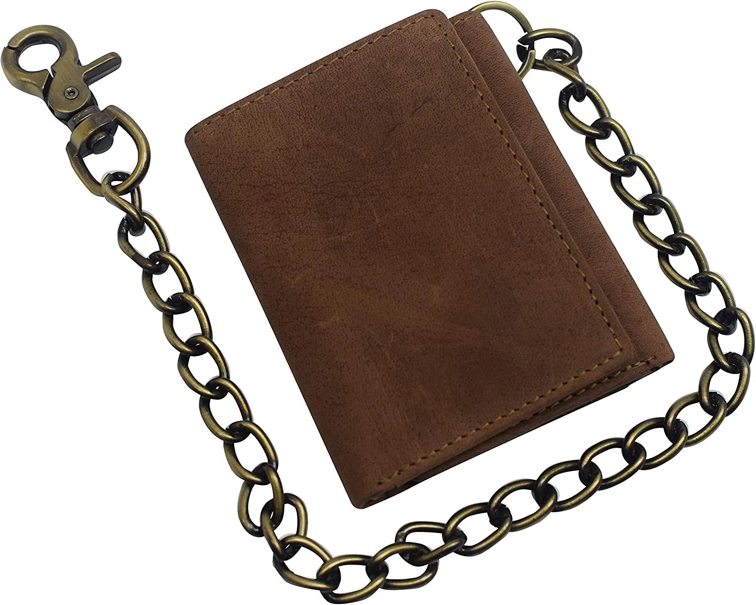 CAZORO Men's RFID Blocking Trifold Vintage Leather Biker Chain Wallet With Snap Closure (Dark Beige)