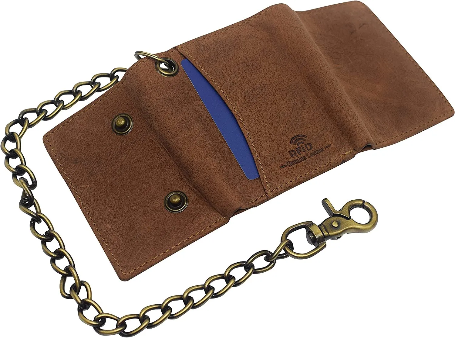 CAZORO Men's RFID Blocking Trifold Vintage Leather Biker Chain Wallet With Snap Closure (Dark Beige)