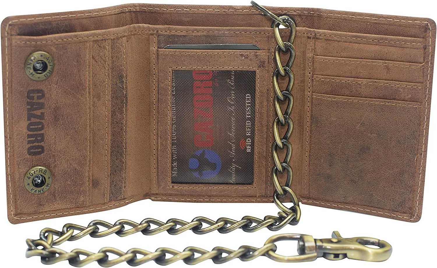 CAZORO Men's RFID Blocking Trifold Vintage Leather Biker Chain Wallet With Snap Closure (Dark Beige)