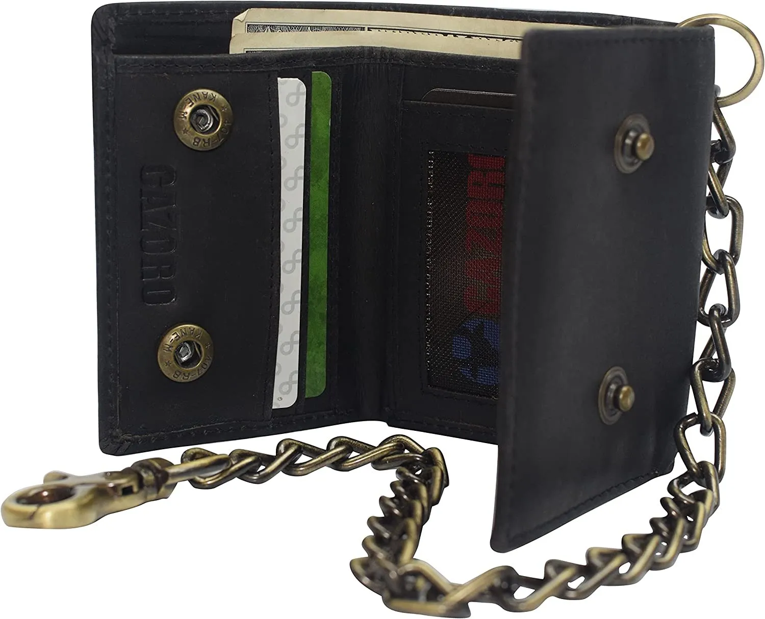 CAZORO Men's RFID Blocking Trifold Vintage Leather Biker Chain Wallet With Snap Closure (Dark Beige)