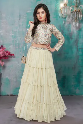 Cream Floral Print, Zari, Mirror, Stone and Thread work Lehenga Choli for Girls with Bag