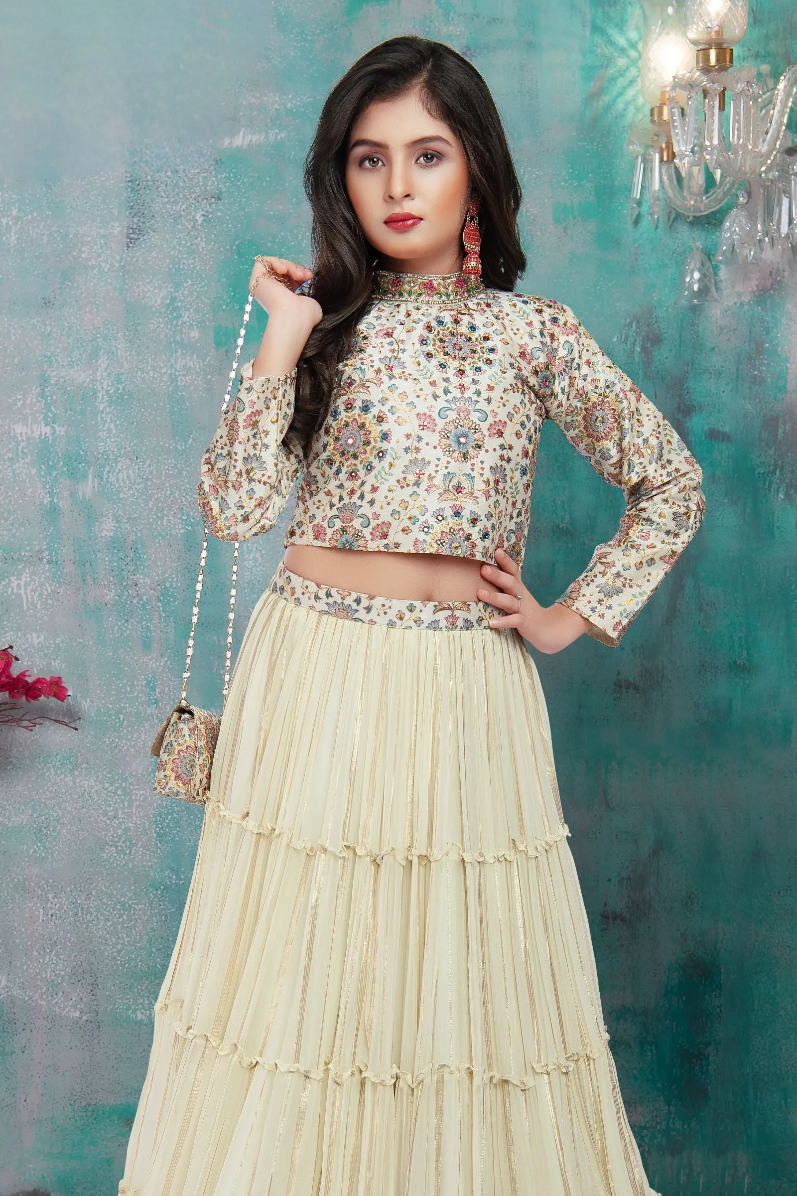 Cream Floral Print, Zari, Mirror, Stone and Thread work Lehenga Choli for Girls with Bag