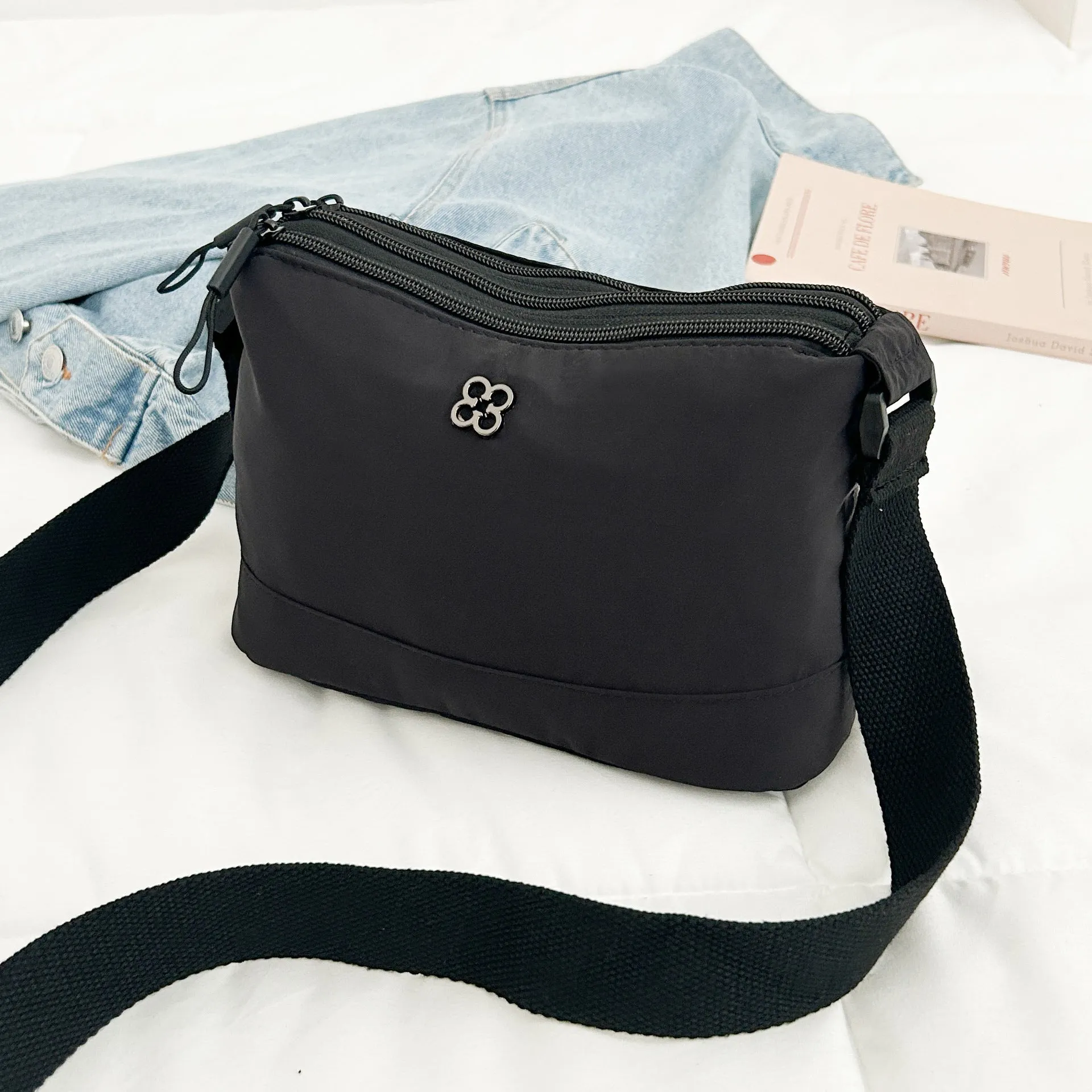 Cross-Border New Arrival Bag Casual Simple Shoulder Bag Large Capacity Multi-Compartment Small Square Bag Simple Solid Color Nylon Cloth Bag