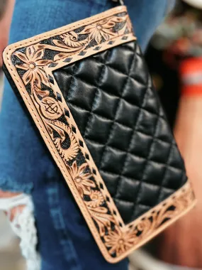 Darling Quilted Black Leather Crossbody Bag With Tooled Leather Border