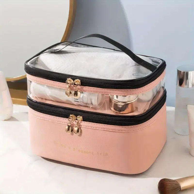 Double-Layer Square Cosmetic Bag - Your Stylish Travel for Beauty On-the-Go