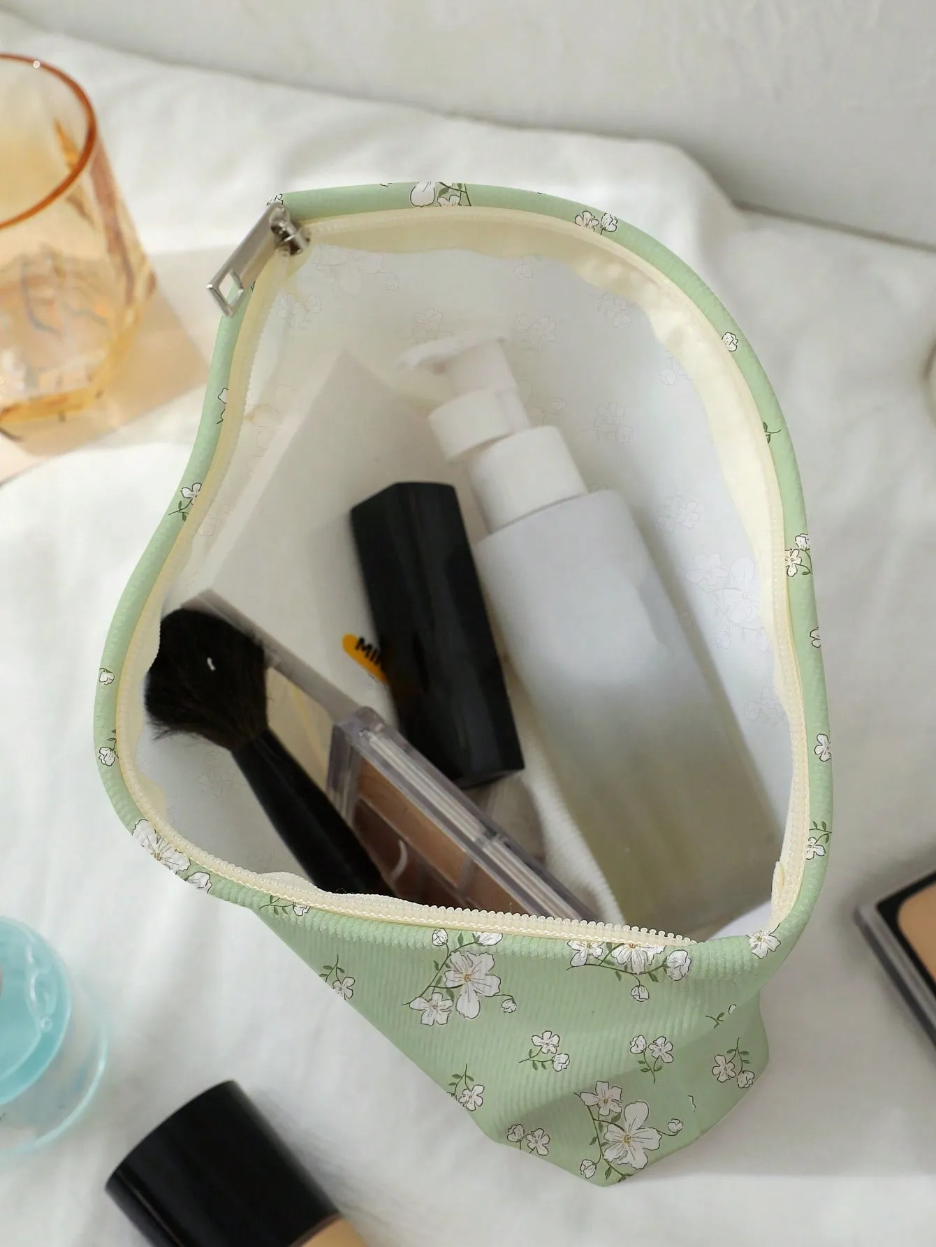 Flower Pattern Green Makeup Bag Makeup Bag Cosmetic Organizer Toiletries Bag