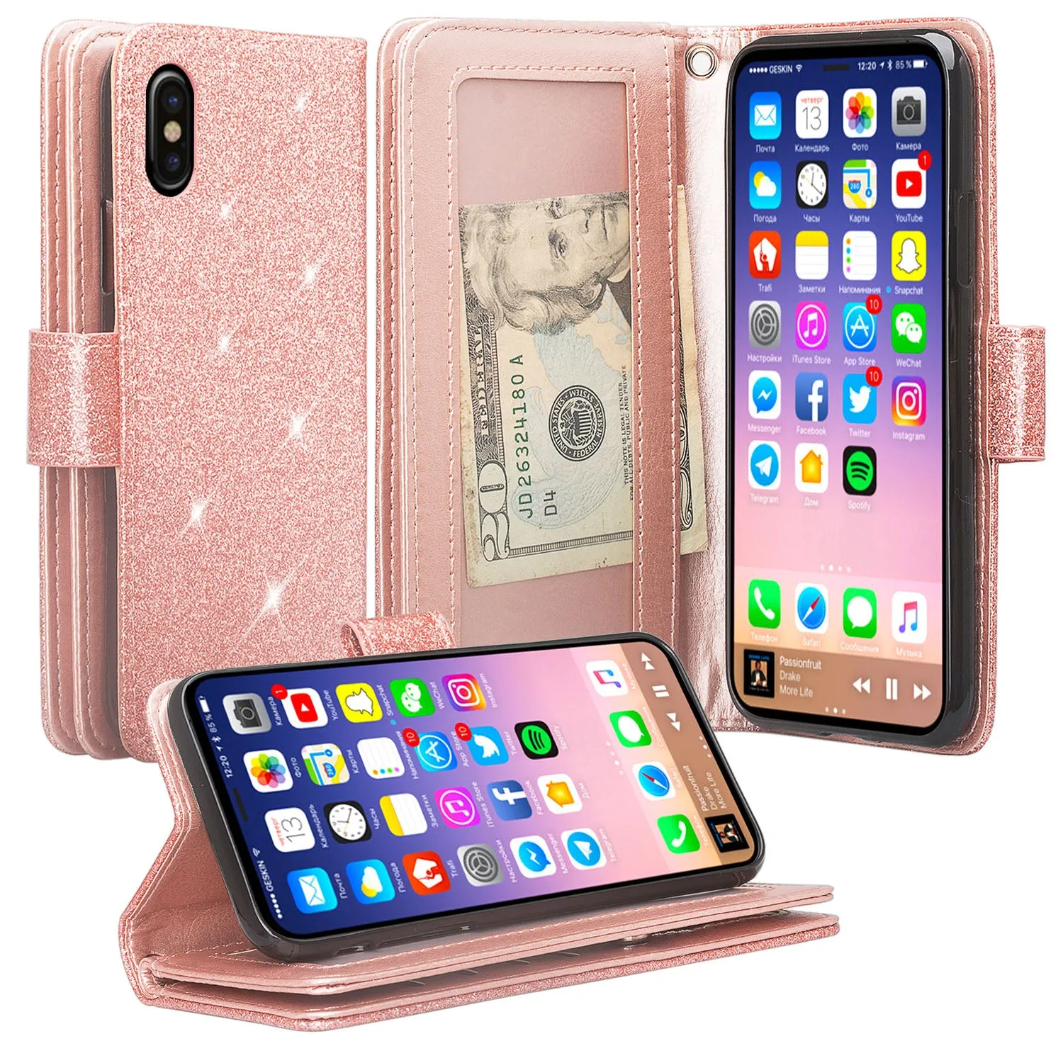 For Apple iPhone X | iPhone 10, Ten, [Wrist Strap] Glitter Faux Leather Flip [Kickstand Feature] Protective Wallet Case Clutch - Rose Gold