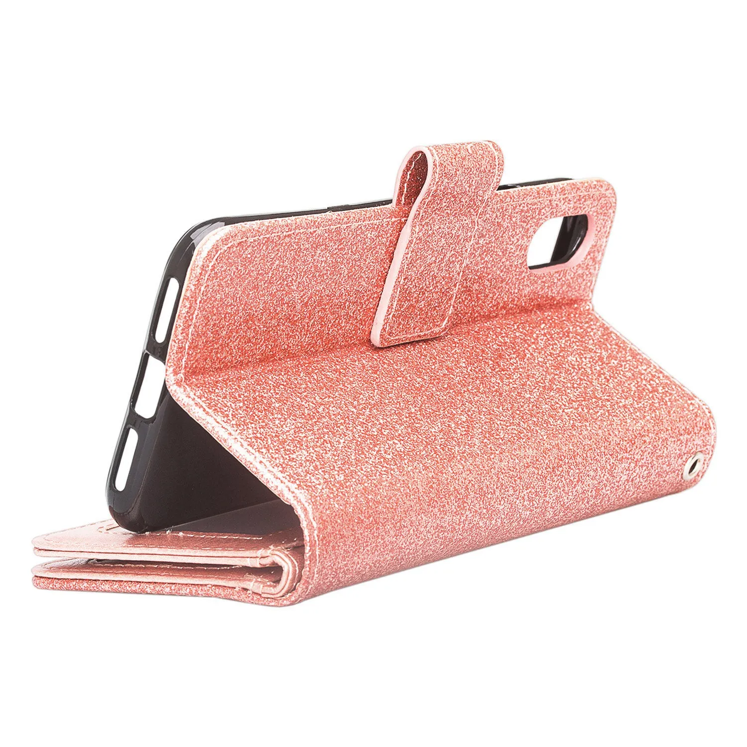 For Apple iPhone X | iPhone 10, Ten, [Wrist Strap] Glitter Faux Leather Flip [Kickstand Feature] Protective Wallet Case Clutch - Rose Gold