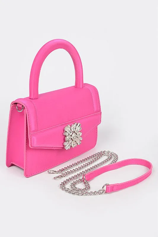 Fuchsia Satin Stone Buckle Top Handle Bag