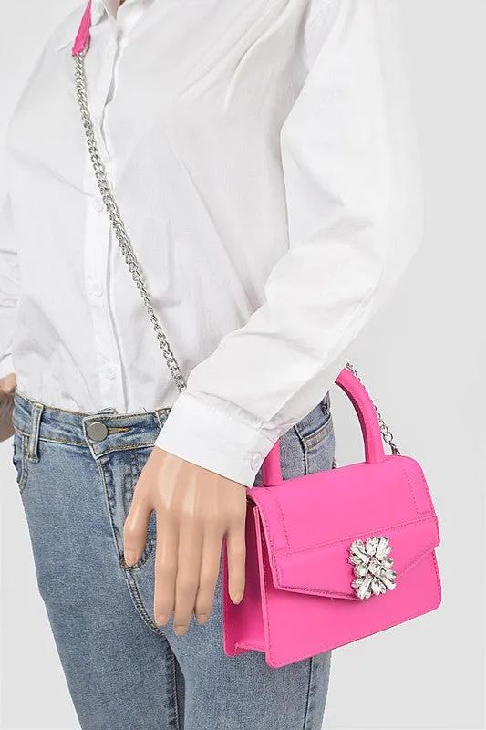 Fuchsia Satin Stone Buckle Top Handle Bag