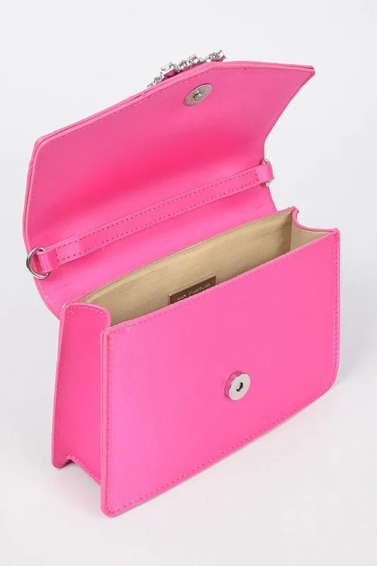 Fuchsia Satin Stone Buckle Top Handle Bag