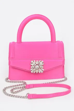 Fuchsia Satin Stone Buckle Top Handle Bag