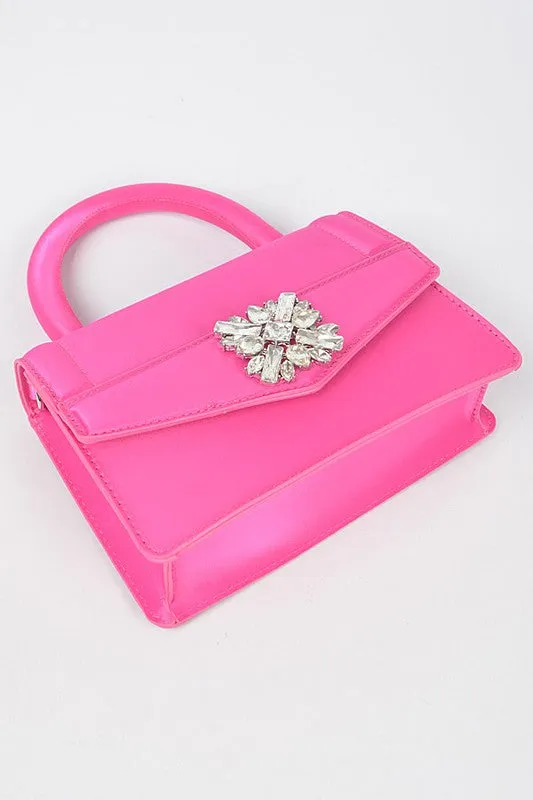 Fuchsia Satin Stone Buckle Top Handle Bag