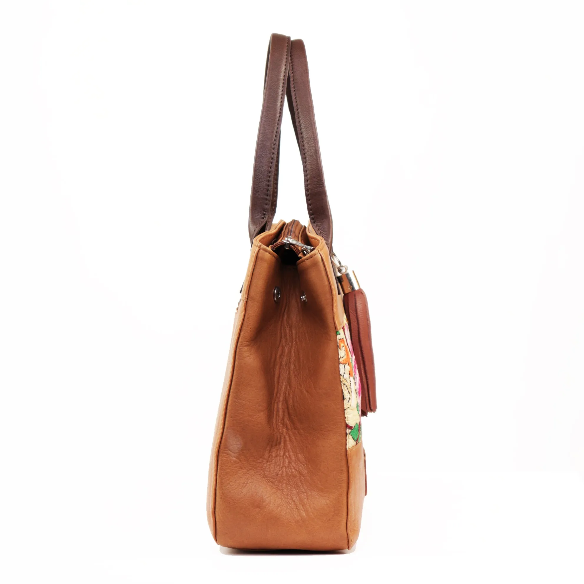 Genuine Leather-Kantha Handcrafted Tote Bag Women (Tan)