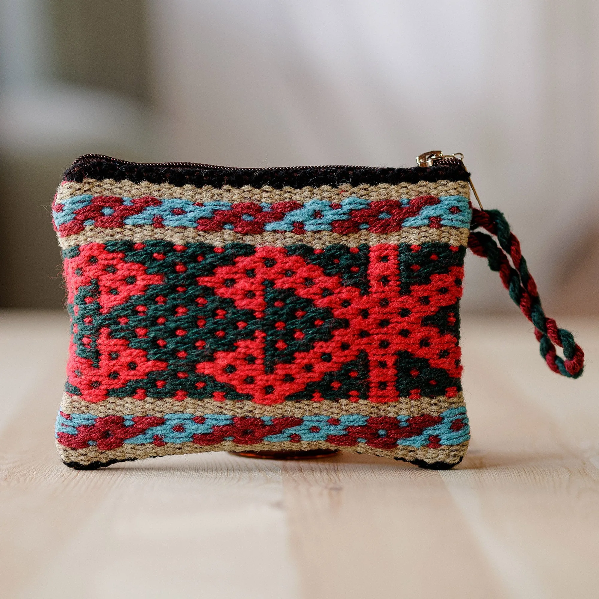 Geometric-Patterned Red Zippered Cotton and Wool Coin Purse - Ancestral Fortune | NOVICA