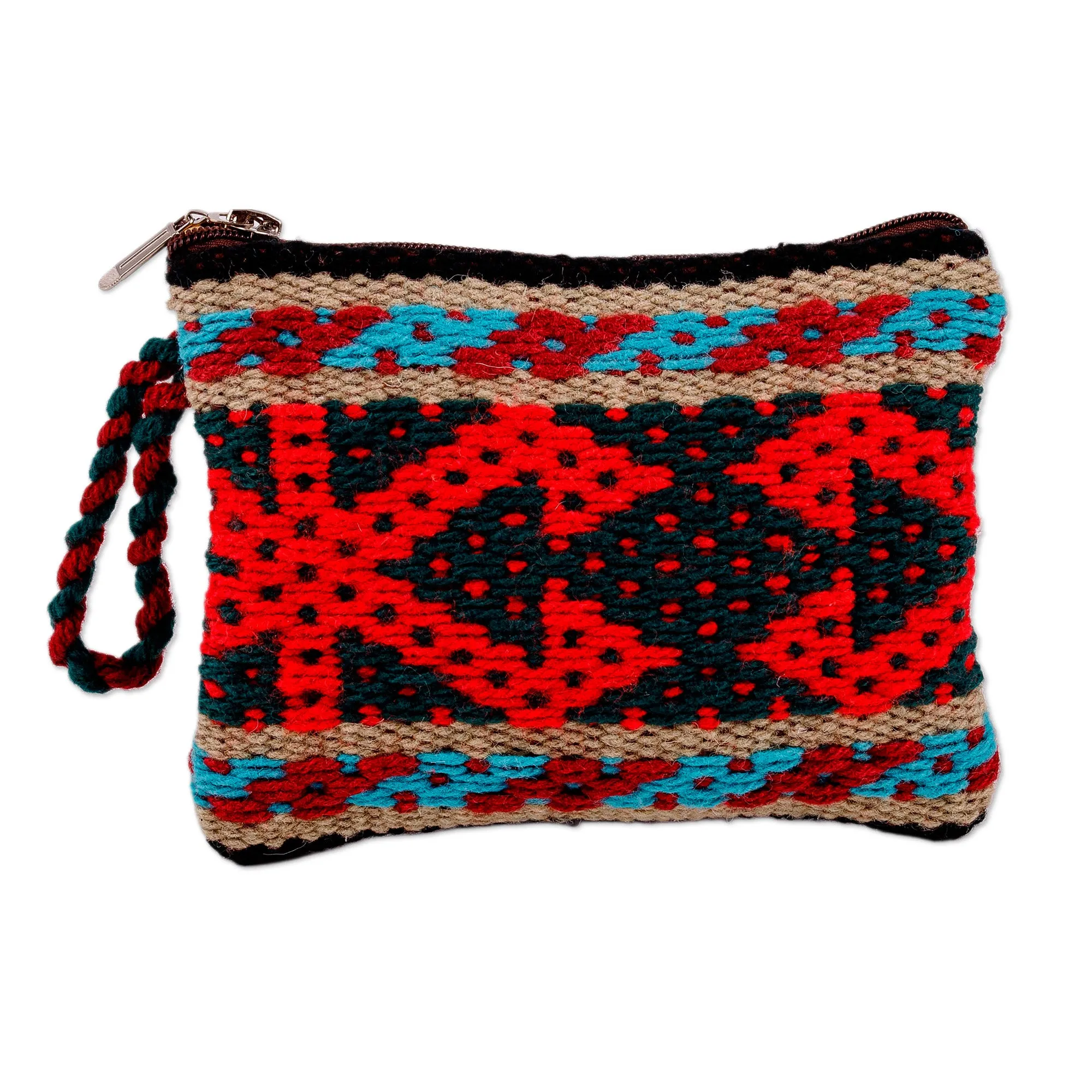 Geometric-Patterned Red Zippered Cotton and Wool Coin Purse - Ancestral Fortune | NOVICA