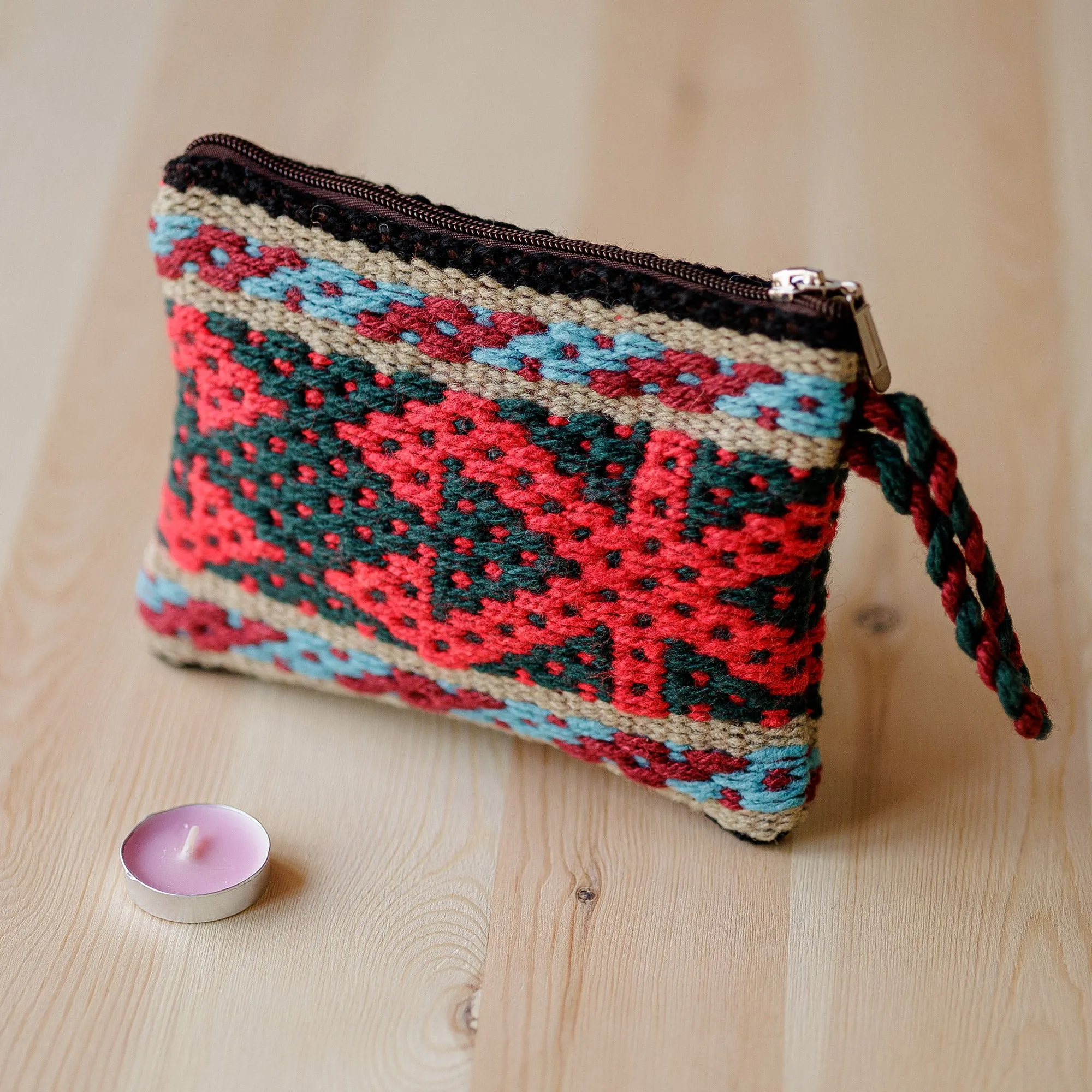 Geometric-Patterned Red Zippered Cotton and Wool Coin Purse - Ancestral Fortune | NOVICA