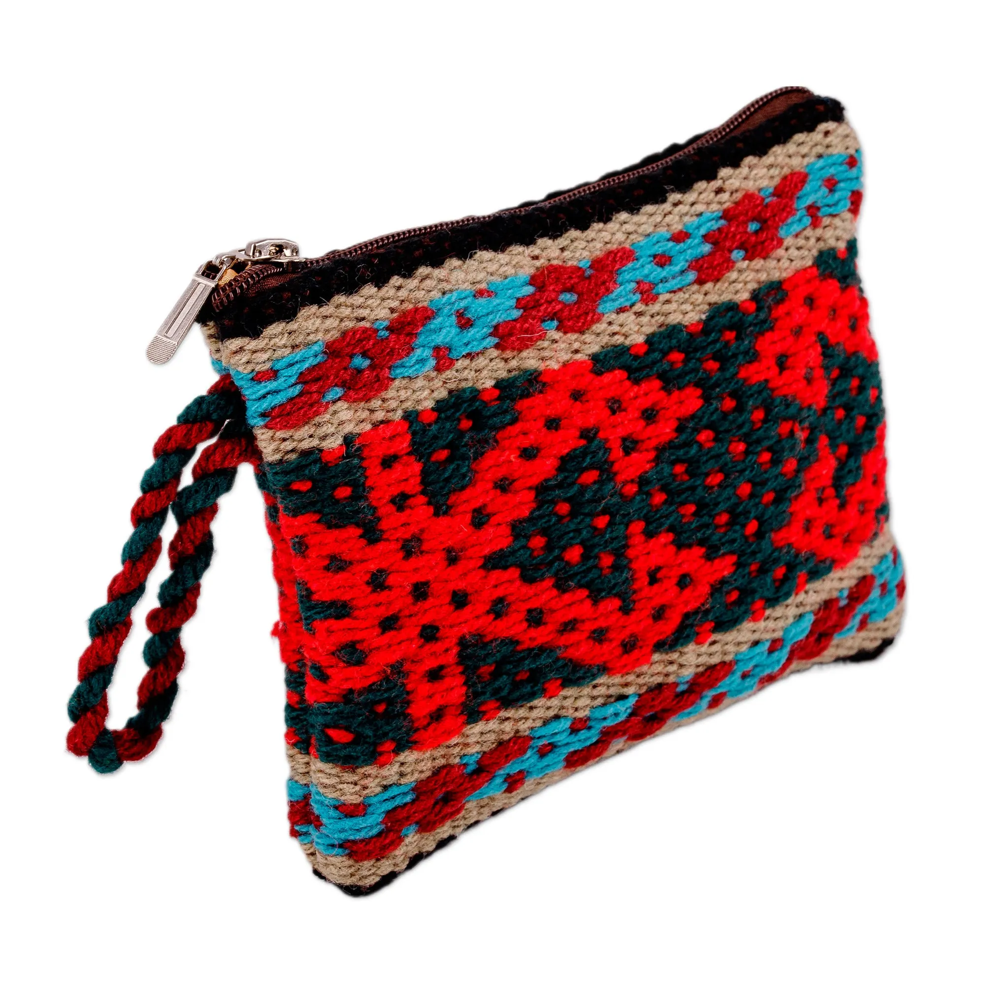 Geometric-Patterned Red Zippered Cotton and Wool Coin Purse - Ancestral Fortune | NOVICA