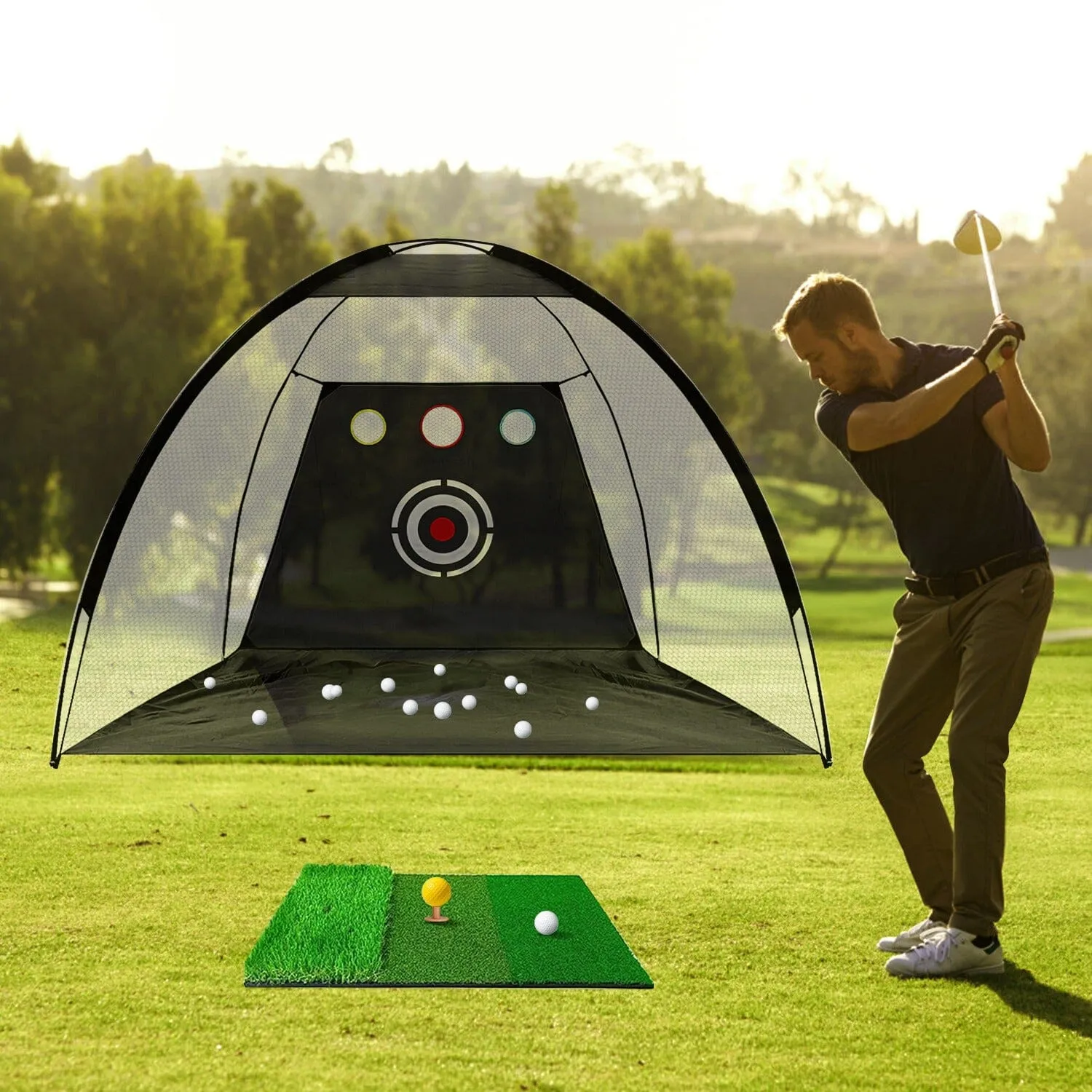 Golf Training Aids Driving Hitting Nets with Tri-Turf Golf Mat Target Cloth 10 Golf Balls 7 Golf Tees 2 Rubber Golf Tee Holders Carry Bag for Indoor Outdoor Sports