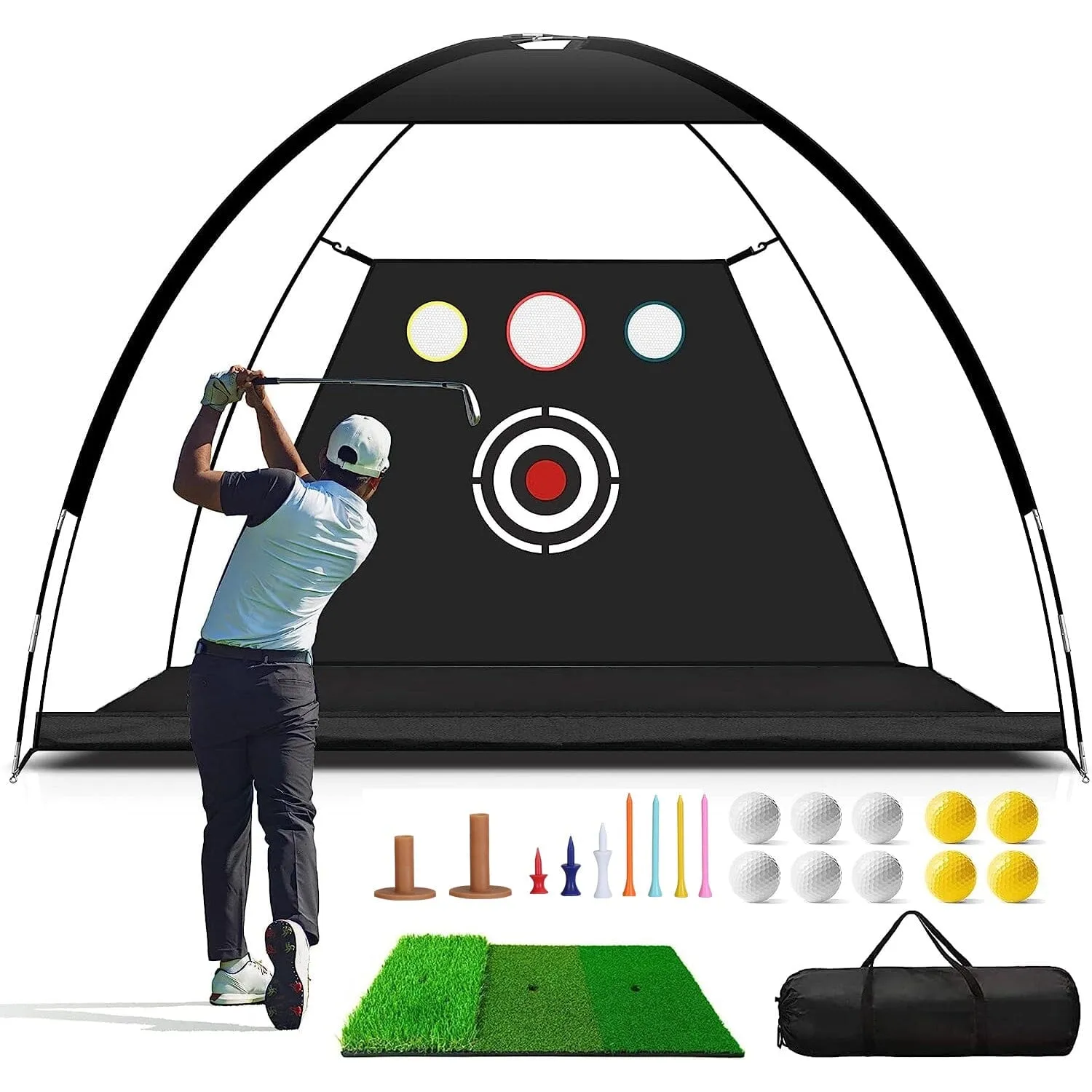 Golf Training Aids Driving Hitting Nets with Tri-Turf Golf Mat Target Cloth 10 Golf Balls 7 Golf Tees 2 Rubber Golf Tee Holders Carry Bag for Indoor Outdoor Sports