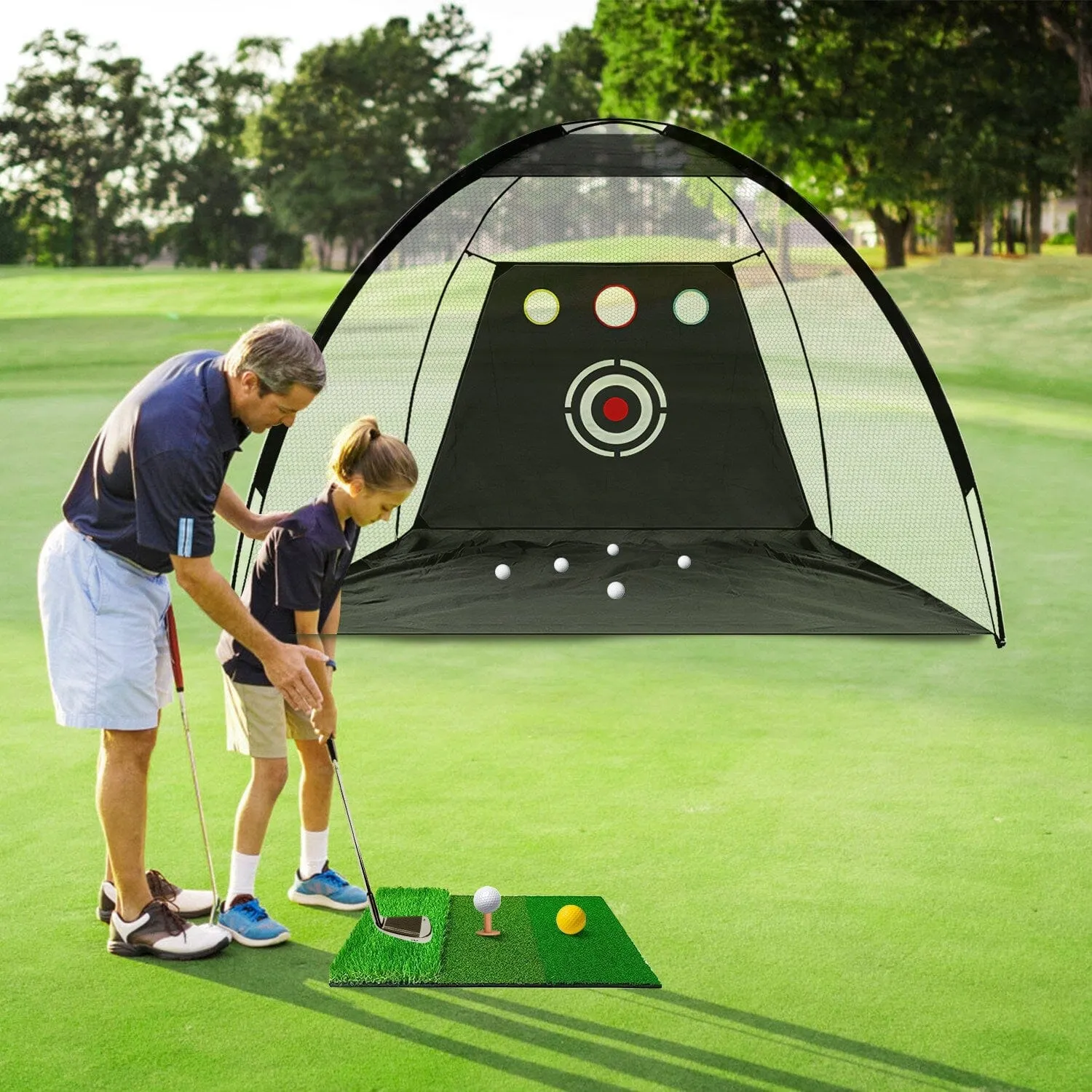 Golf Training Aids Driving Hitting Nets with Tri-Turf Golf Mat Target Cloth 10 Golf Balls 7 Golf Tees 2 Rubber Golf Tee Holders Carry Bag for Indoor Outdoor Sports