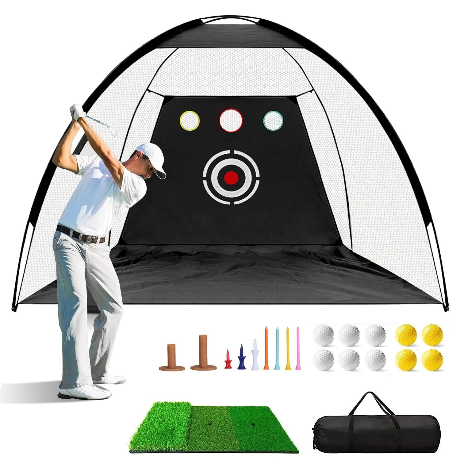 Golf Training Aids Driving Hitting Nets with Tri-Turf Golf Mat Target Cloth 10 Golf Balls 7 Golf Tees 2 Rubber Golf Tee Holders Carry Bag for Indoor Outdoor Sports