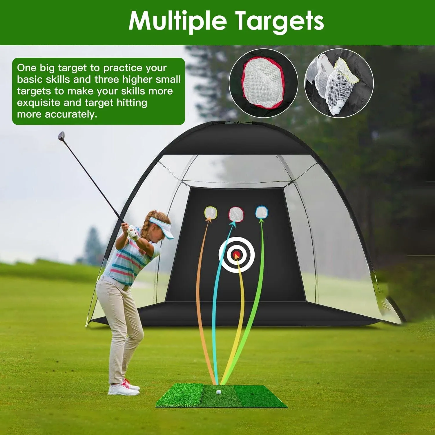 Golf Training Aids Driving Hitting Nets with Tri-Turf Golf Mat Target Cloth 10 Golf Balls 7 Golf Tees 2 Rubber Golf Tee Holders Carry Bag for Indoor Outdoor Sports