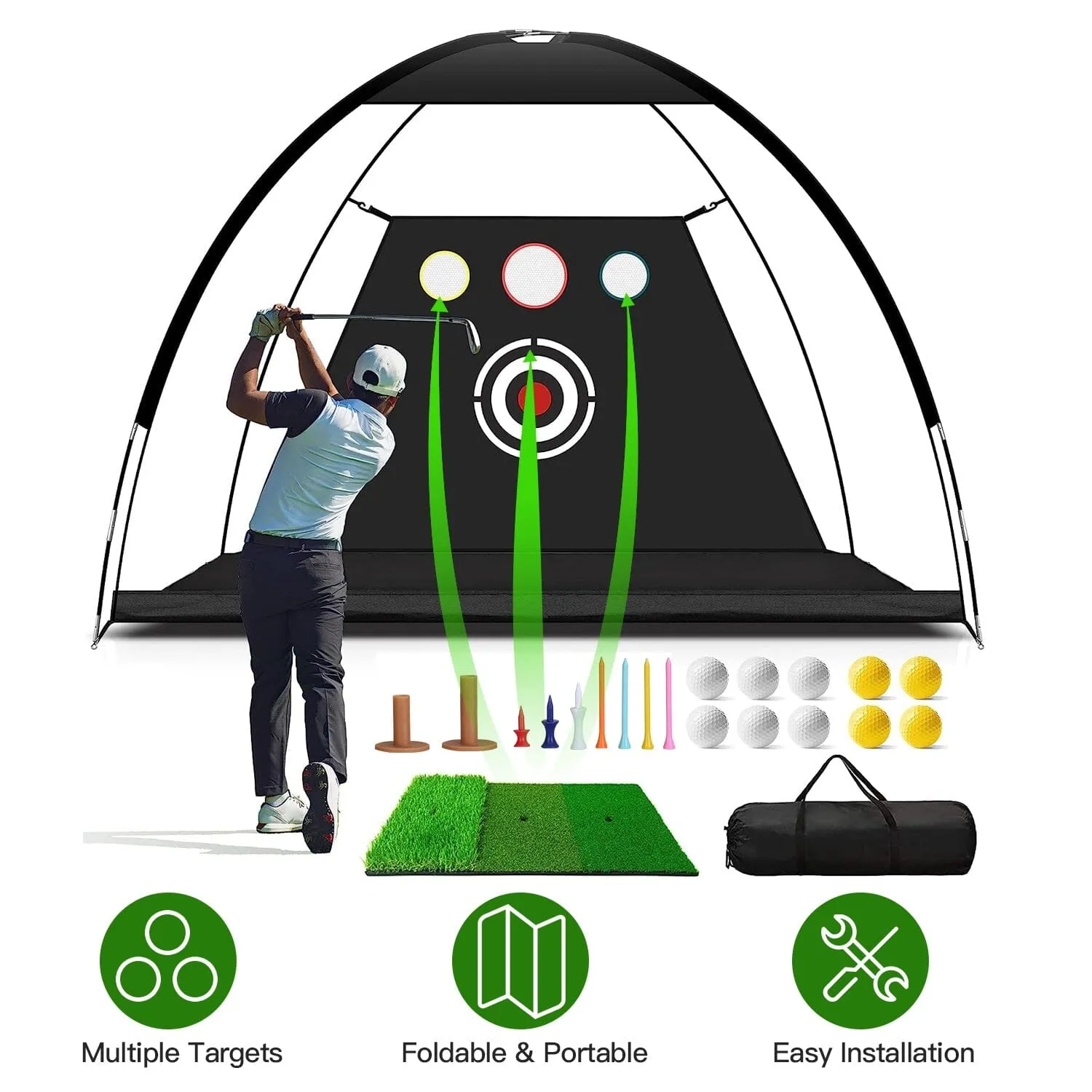 Golf Training Aids Driving Hitting Nets with Tri-Turf Golf Mat Target Cloth 10 Golf Balls 7 Golf Tees 2 Rubber Golf Tee Holders Carry Bag for Indoor Outdoor Sports