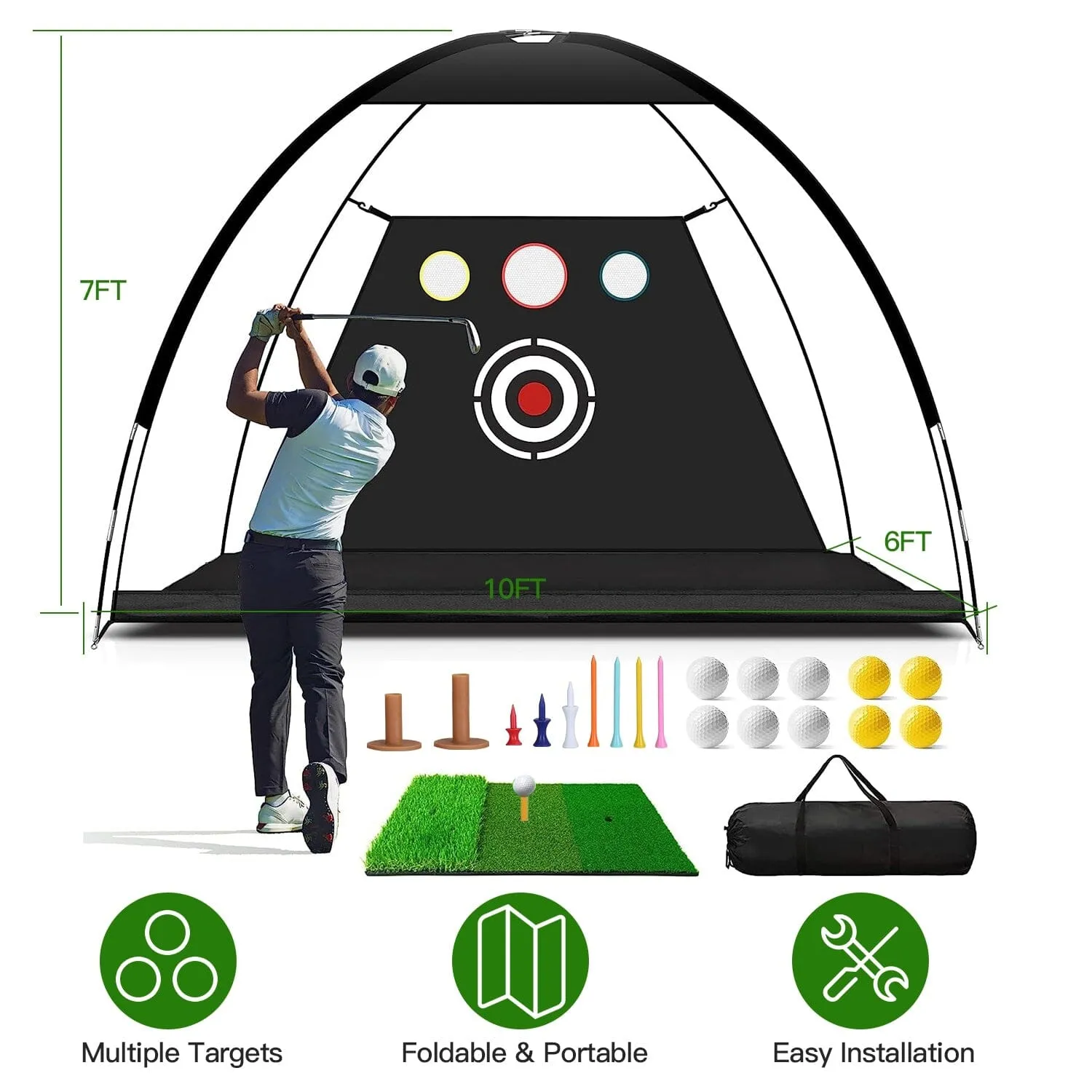 Golf Training Aids Driving Hitting Nets with Tri-Turf Golf Mat Target Cloth 10 Golf Balls 7 Golf Tees 2 Rubber Golf Tee Holders Carry Bag for Indoor Outdoor Sports