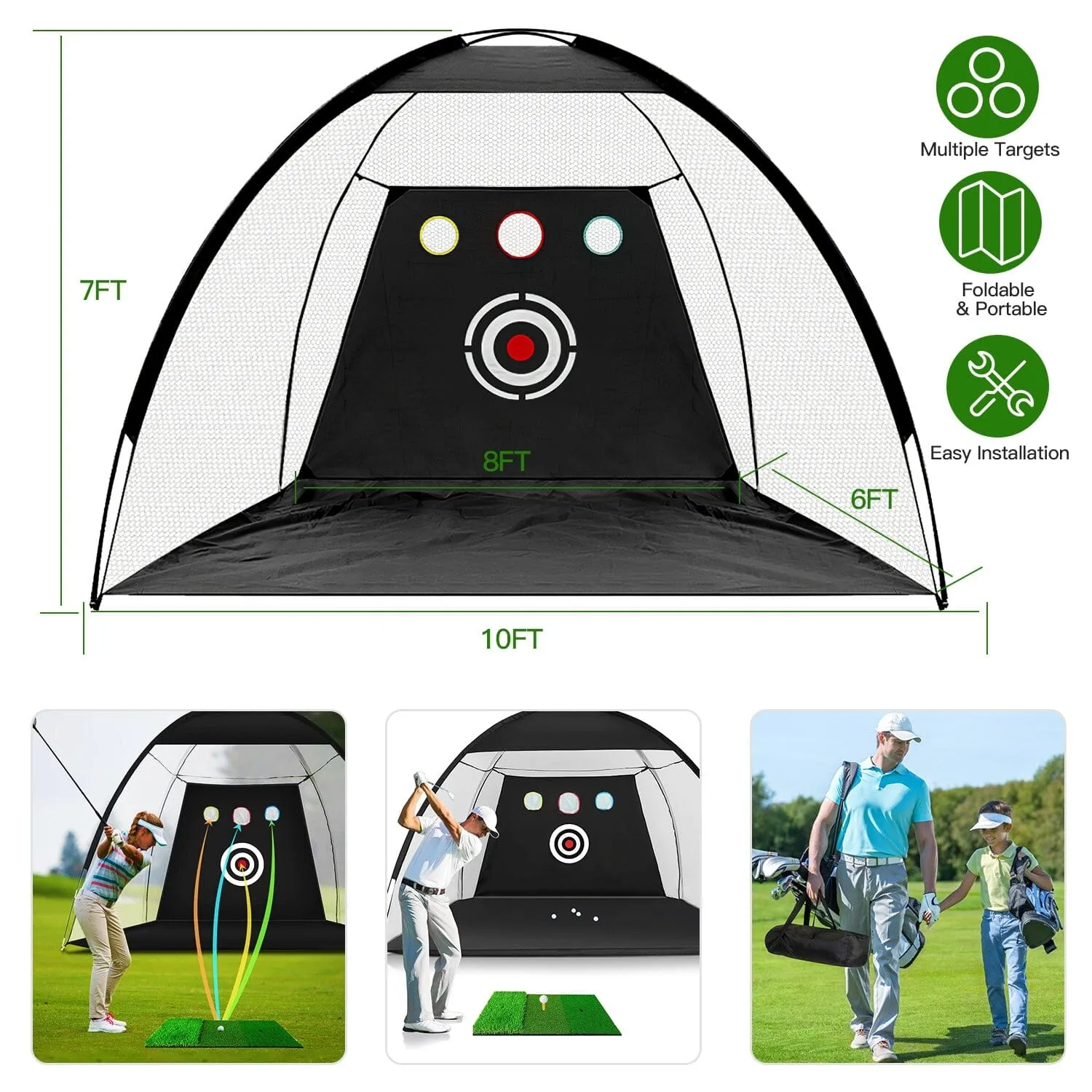 Golf Training Aids Driving Hitting Nets with Tri-Turf Golf Mat Target Cloth 10 Golf Balls 7 Golf Tees 2 Rubber Golf Tee Holders Carry Bag for Indoor Outdoor Sports