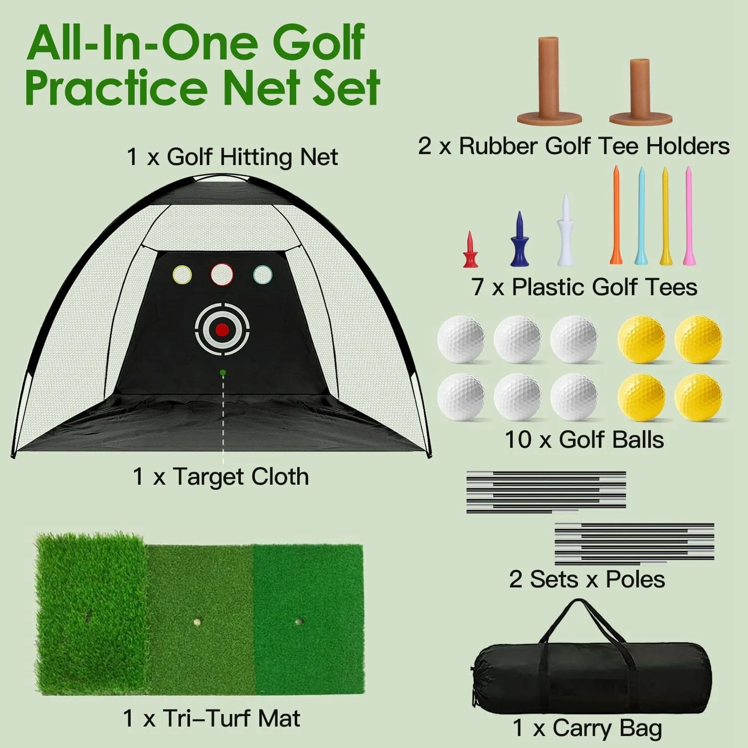 Golf Training Aids Driving Hitting Nets with Tri-Turf Golf Mat Target Cloth 10 Golf Balls 7 Golf Tees 2 Rubber Golf Tee Holders Carry Bag for Indoor Outdoor Sports